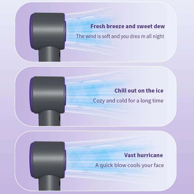 Three cooling modes of a portable fan: fresh breeze, chill on ice, and vast hurricane for personalized comfort.