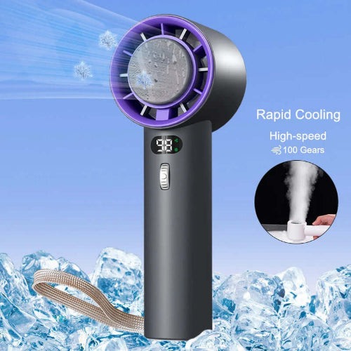 Portable handheld turbo fan with rapid cooling, adjustable speed settings, perfect for personal use on hot days.