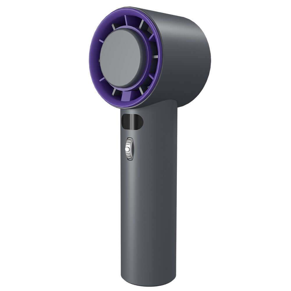 Portable handheld turbo fan with adjustable wind speeds and sleek design, featuring a dark gray body and purple accents.