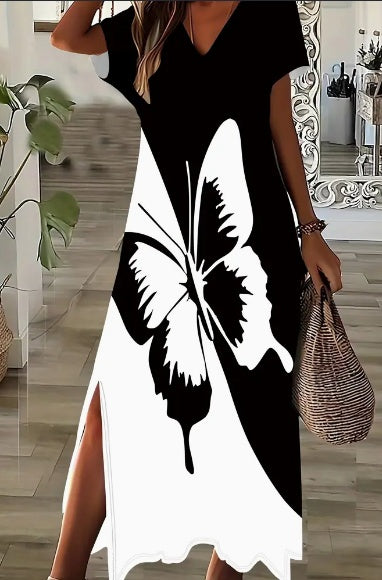 Robe en tricot à manches courtes pour femmes, tenue en tissu tricotée avec 3D imprimé papillon noir et blanc et côté fendu, robe maxi pour toutes les saisons