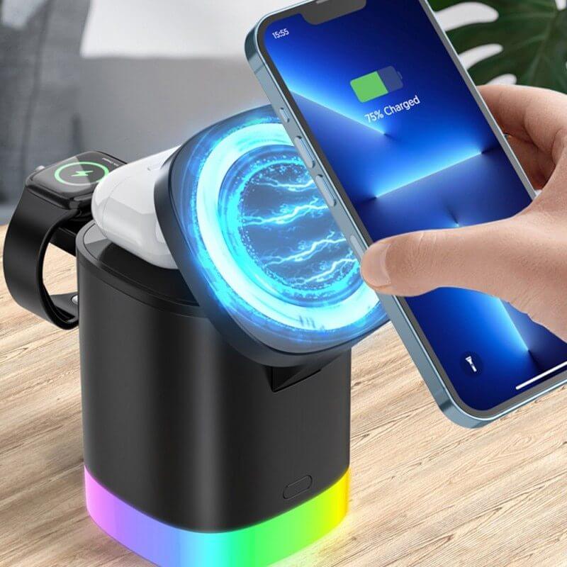 3 In 1 Magnetic Wireless Fast Charger For Smart Phone RGB Ambient Light Charging Station For Airpods IWatch - Tiktuk shop #