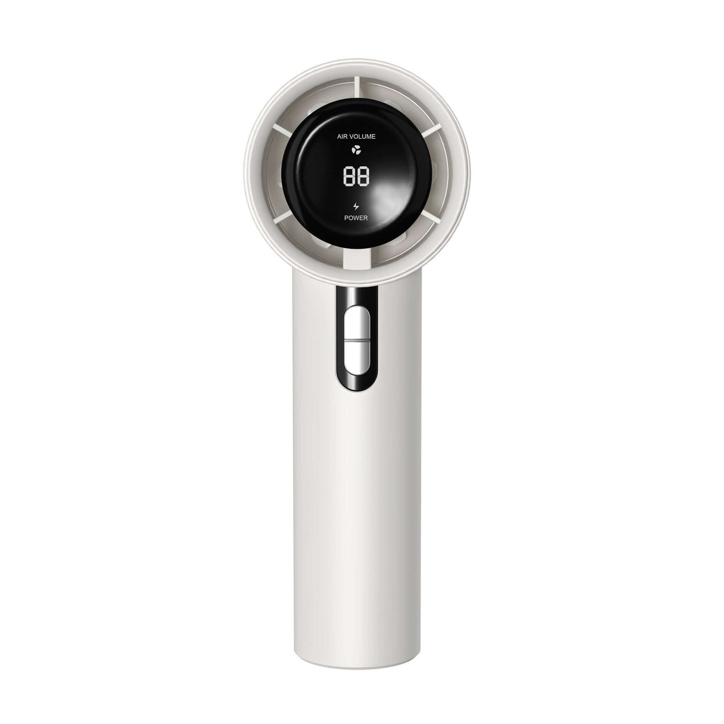 Portable handheld turbo fan with adjustable wind speed and digital display in white color.