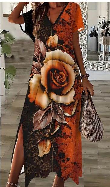 Robe maxi à imprimé rose à col en V élégante pour femmes avec fente latérale, coupe toute la saison et robe flare