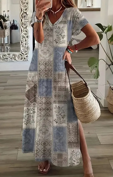 Robe à ourlet fendu à imprimé patchwork grande taille, robe longue à col en V à manches courtes de style vacances pour printemps et été, vêtements grande taille pour femmes