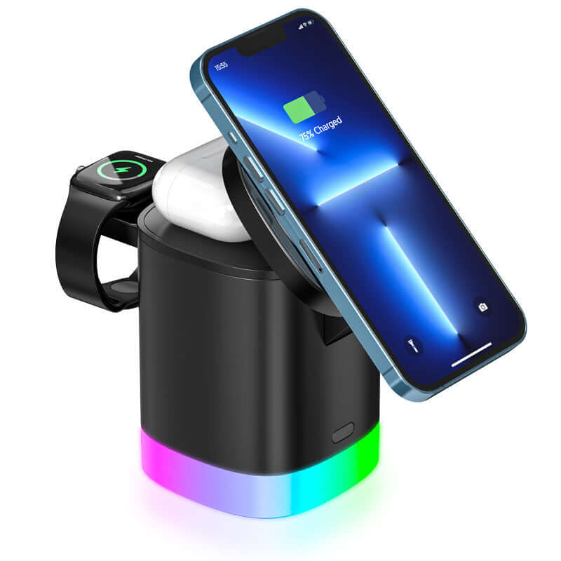 3 In 1 Magnetic Wireless Fast Charger For Smart Phone RGB Ambient Light Charging Station For Airpods IWatch - Tiktuk shop #