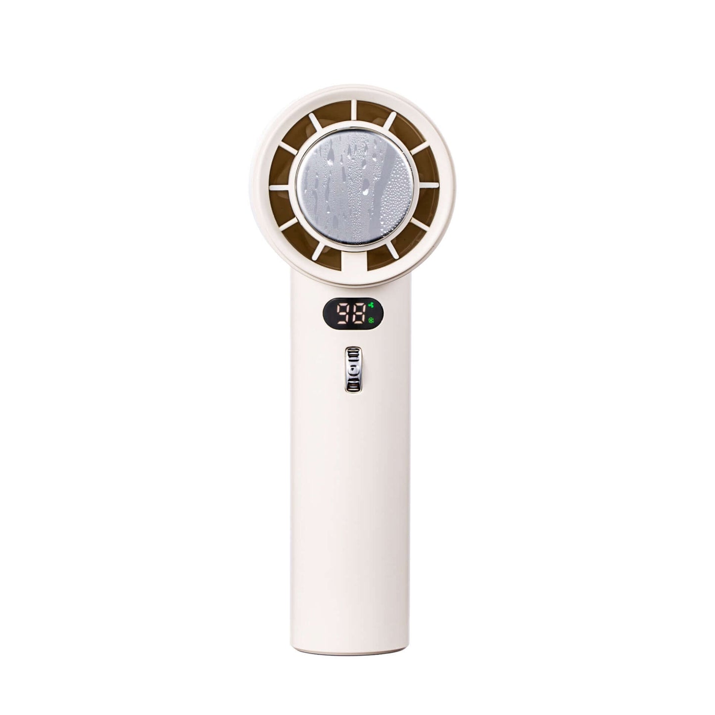 Portable handheld turbo fan in white with adjustable wind speeds and digital display for cooling convenience.