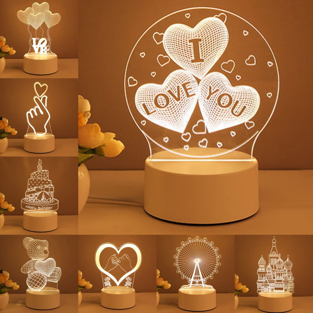 Lampe 3D en Acrylique avec LED USB – Veilleuse Néon Décorative pour la Maison, Idéale pour Noël, Décoration de Chambre et Cadeau de Saint-Valentin