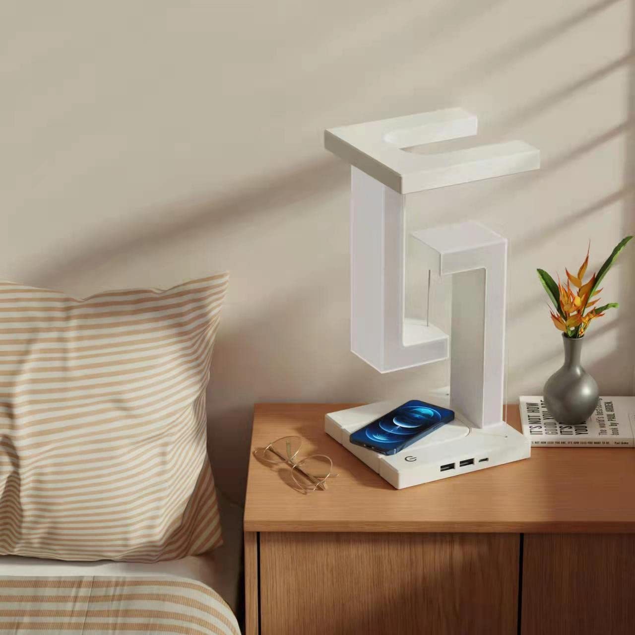 Lampe de Table Suspendue avec Chargeur Sans Fil pour Smartphone – Lampe d'Équilibre Flottante, Design Innovant pour la Maison et la Chambre à Coucher