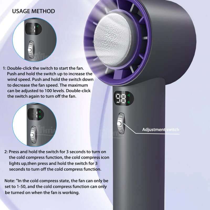 Usage instructions for a portable handheld turbo fan with adjustable wind speeds and cold compress feature.