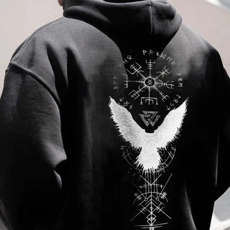 Hoodie Rétro Imprimé avec Totem de Corbeau