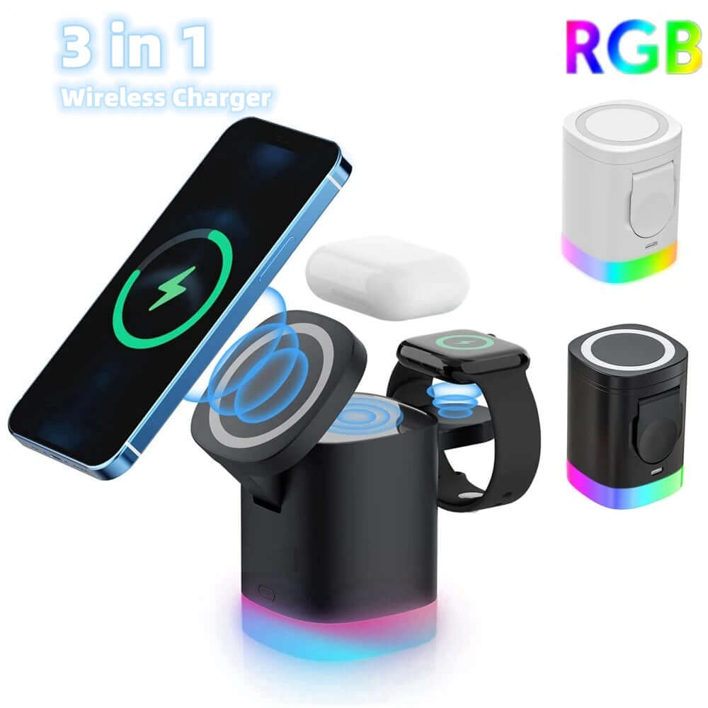 3 In 1 Magnetic Wireless Fast Charger For Smart Phone RGB Ambient Light Charging Station For Airpods IWatch - Tiktuk shop #