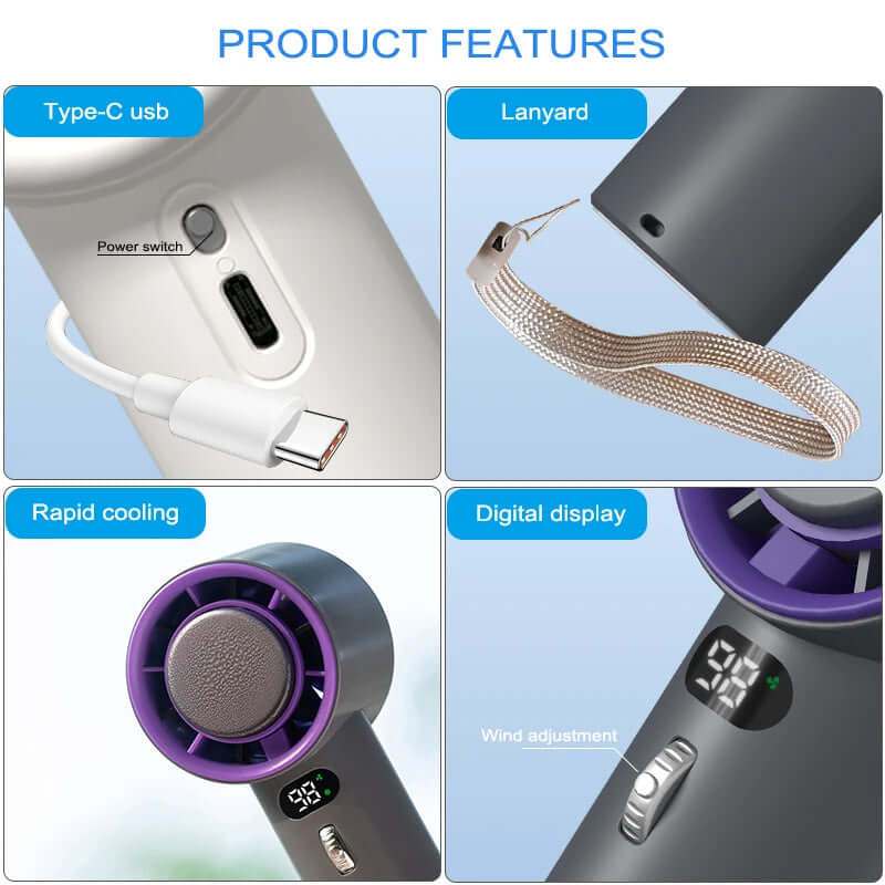 Product features of portable handheld fan including USB charging, lanyard, rapid cooling, and digital display.