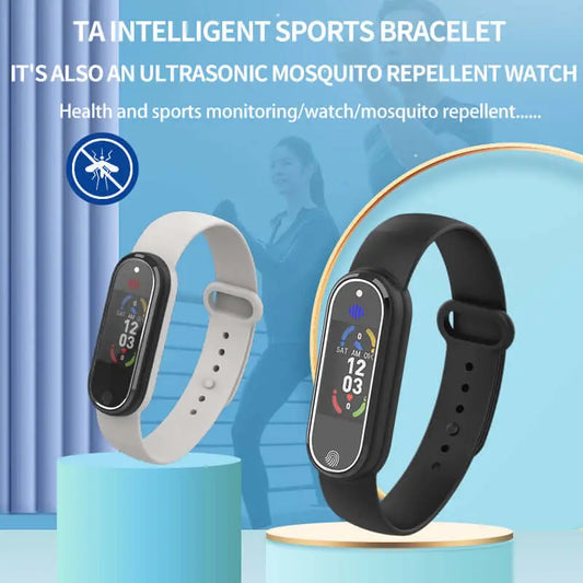 Ultrasonic mosquito repellent sports bracelet in black and white, designed for health and sports monitoring.