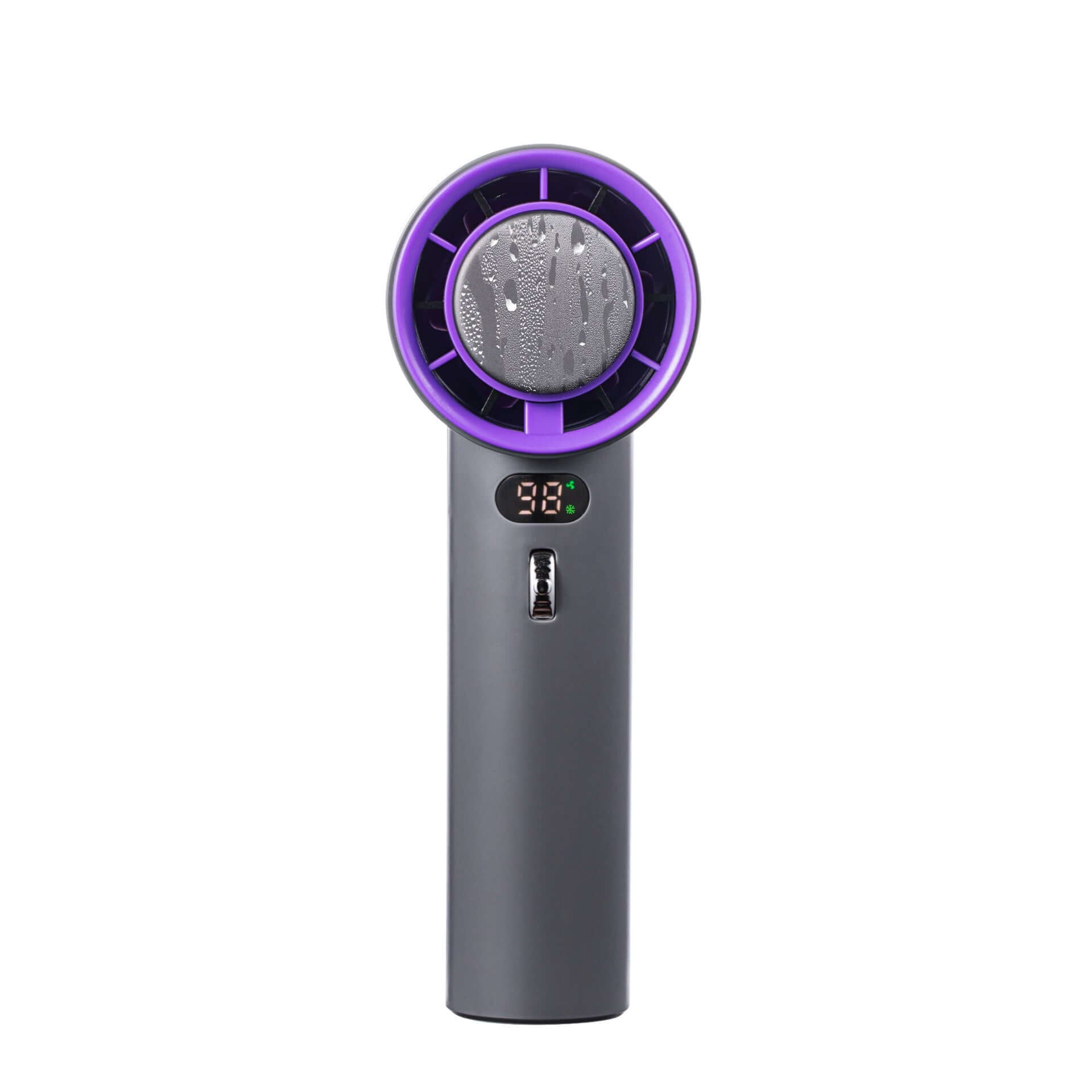 Portable handheld turbo fan with adjustable wind speeds and digital display for cooling and convenience.