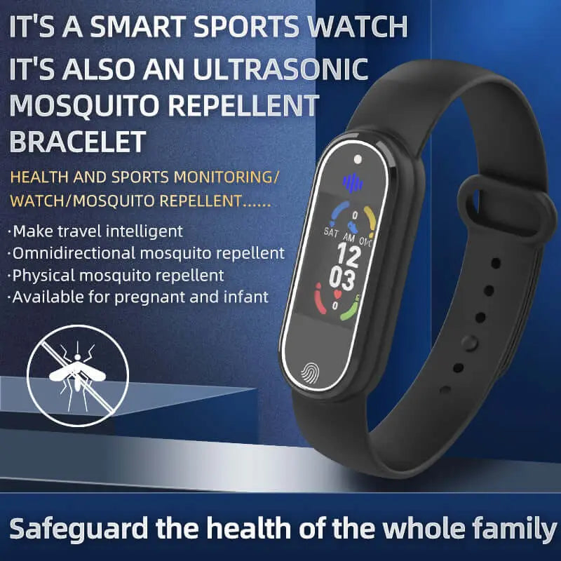 Ultrasonic mosquito repellent bracelet and smart sports watch for family health monitoring and travel safety.