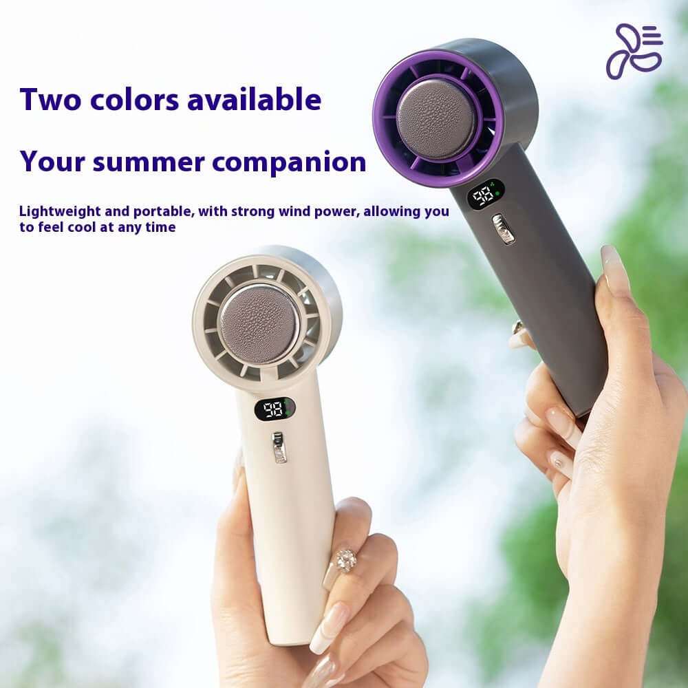 Portable handheld turbo fan in two colors, lightweight and powerful for summer cooling.