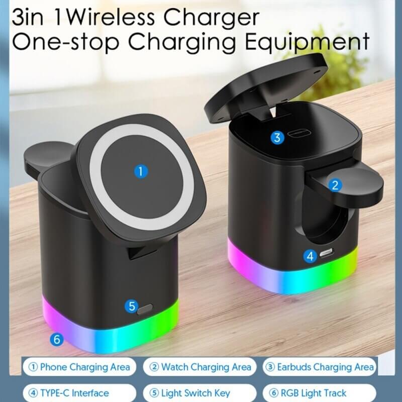 3 In 1 Magnetic Wireless Fast Charger For Smart Phone RGB Ambient Light Charging Station For Airpods IWatch - Tiktuk shop #